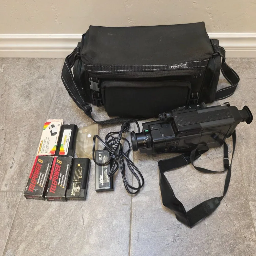 Black Vintage Handycam-Style Camcorder with Carry Bag
